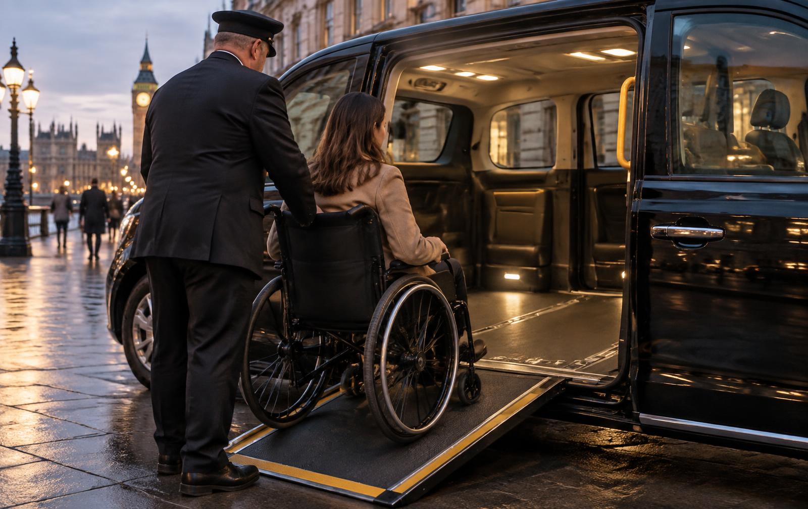 Wheelchair passenger boarding an accessible taxi with driver assistance